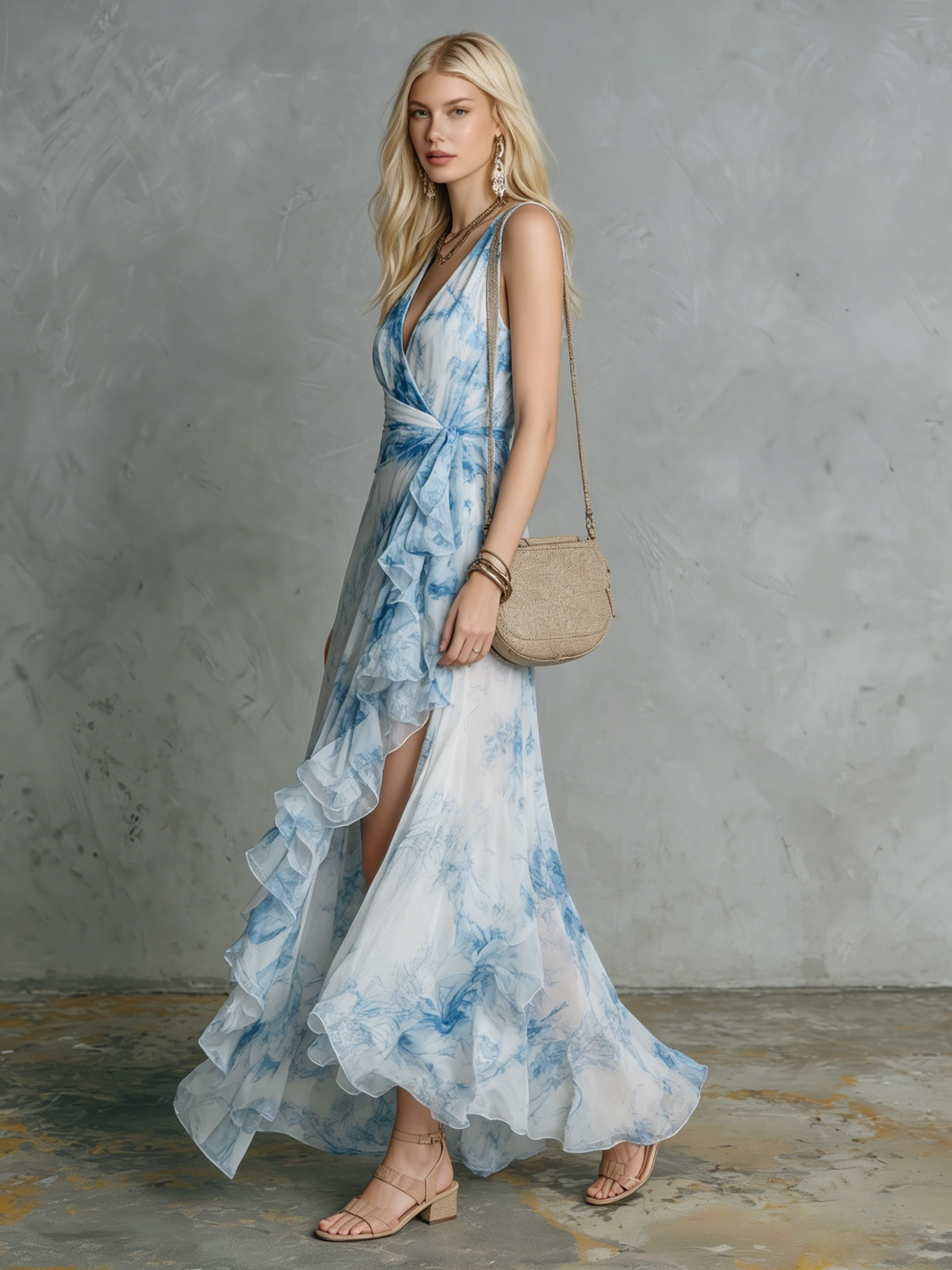 Stylish and Elegant V-neck Ruffled Slit Printed Chiffon Maxi Dress