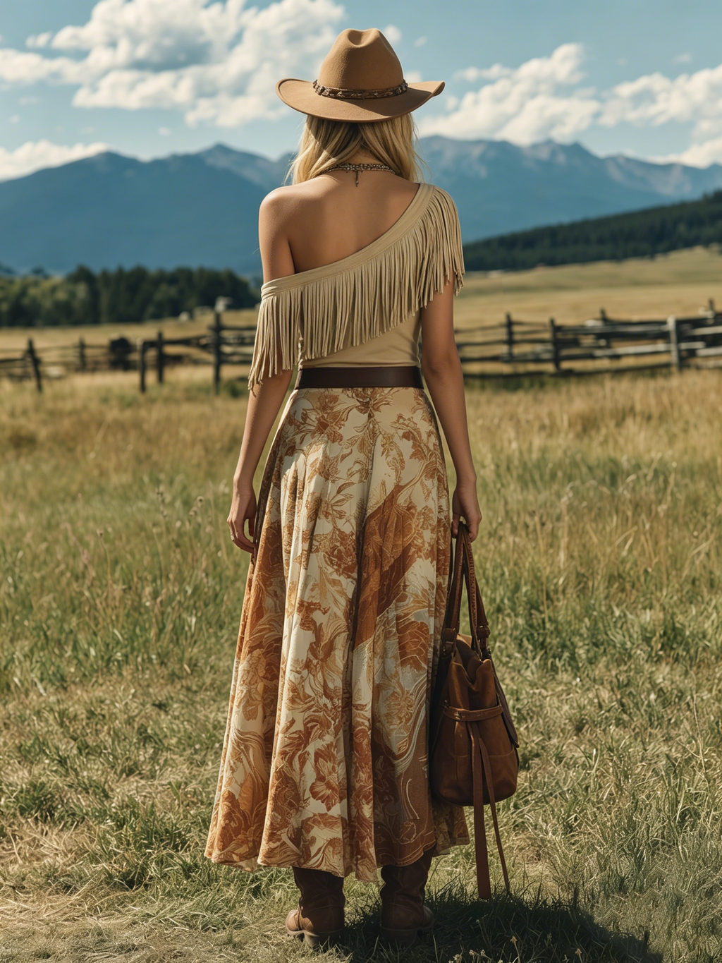 Western-style One-shoulder Sleeveless Fringed Faux Suede Top And Chiffon Printed Skirt Set