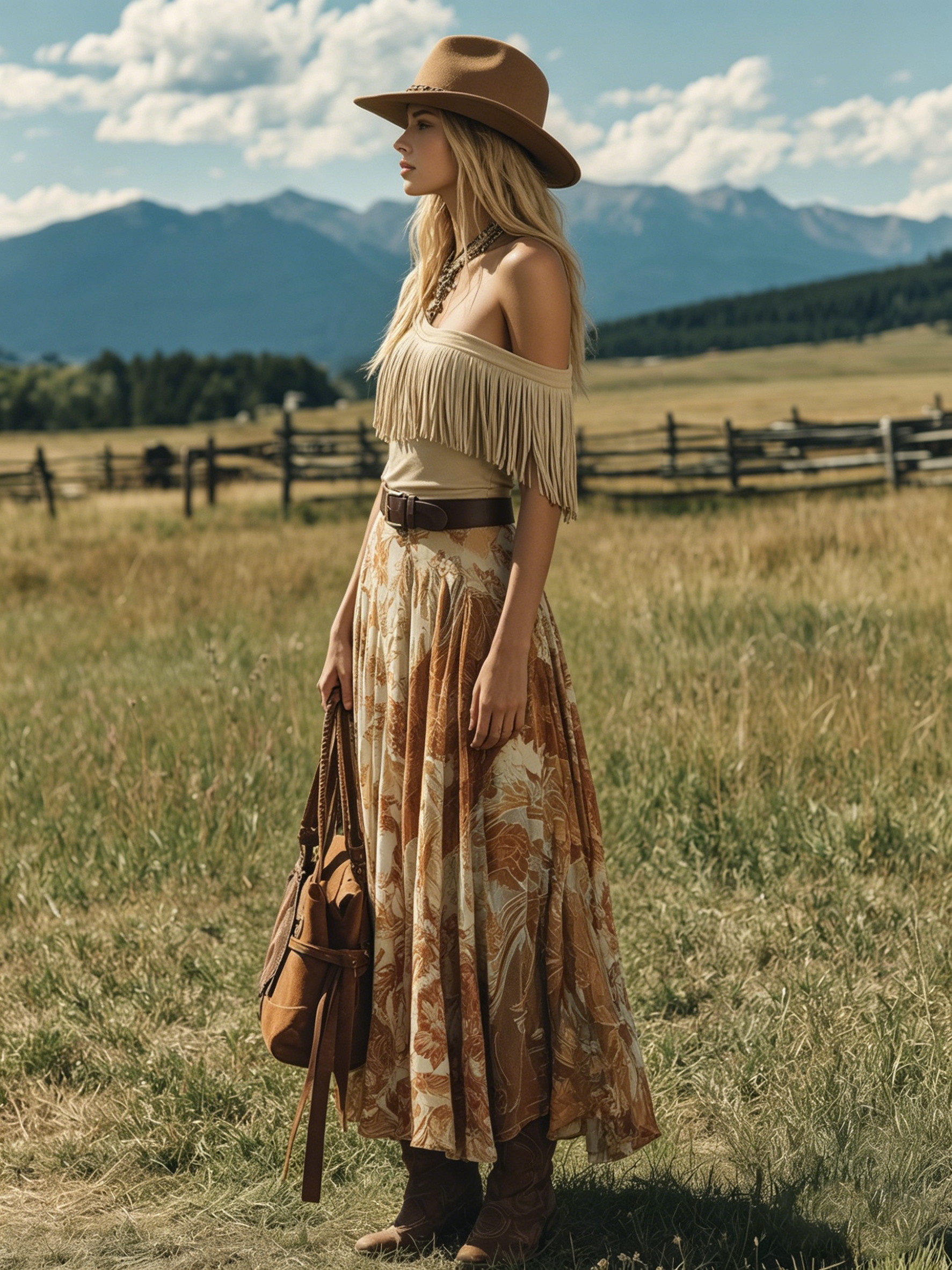 Western-style One-shoulder Sleeveless Fringed Faux Suede Top And Chiffon Printed Skirt Set