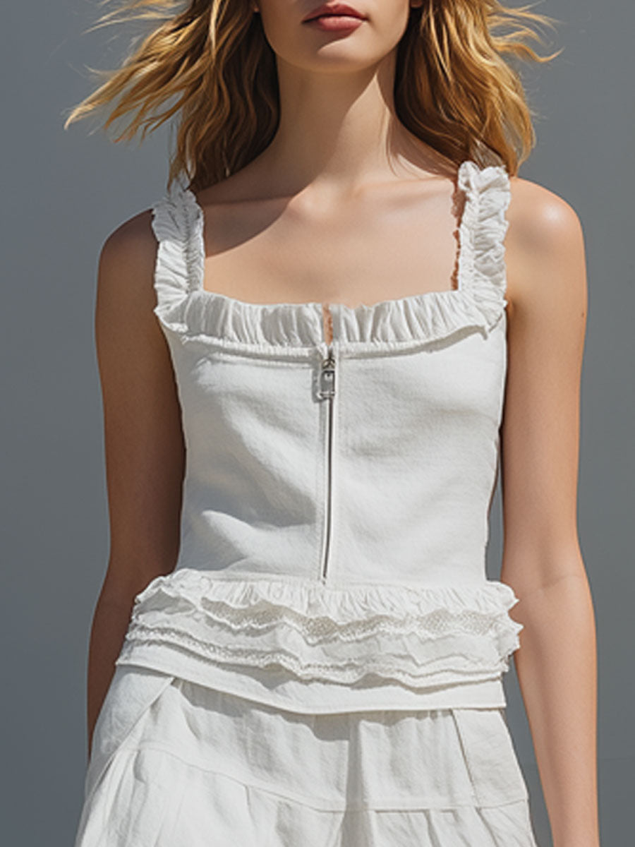 Vacation Retro Lace White Cotton Linen Sleeveless Zipper Top And Skirt Set
