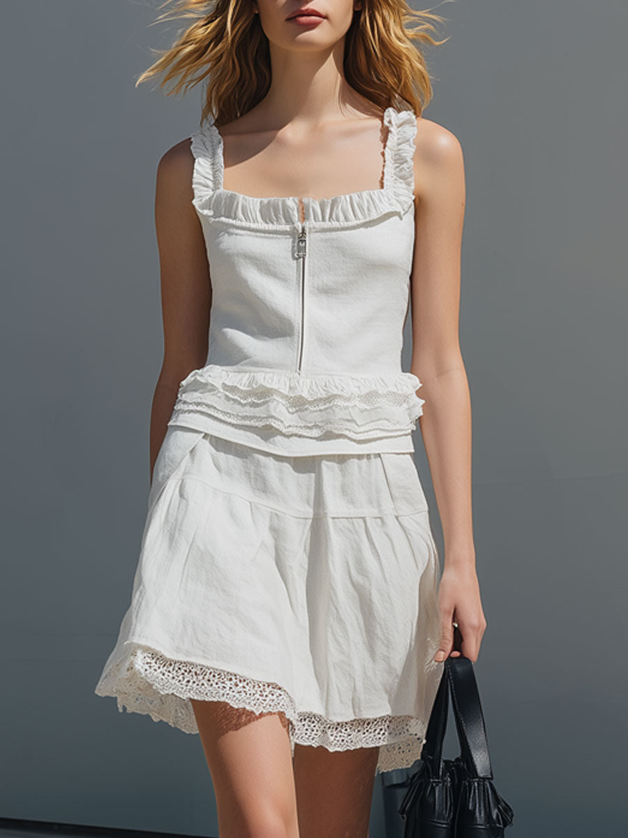 Vacation Retro Lace White Cotton Linen Sleeveless Zipper Top And Skirt Set