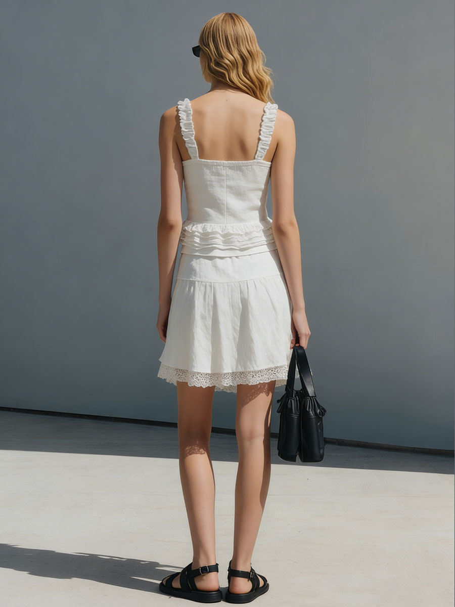 Vacation Retro Lace White Cotton Linen Sleeveless Zipper Top And Skirt Set