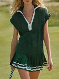 Retro Sport V-neck Zip-Front Dark Green Breathable Knit Top And Pleated Skirt Set