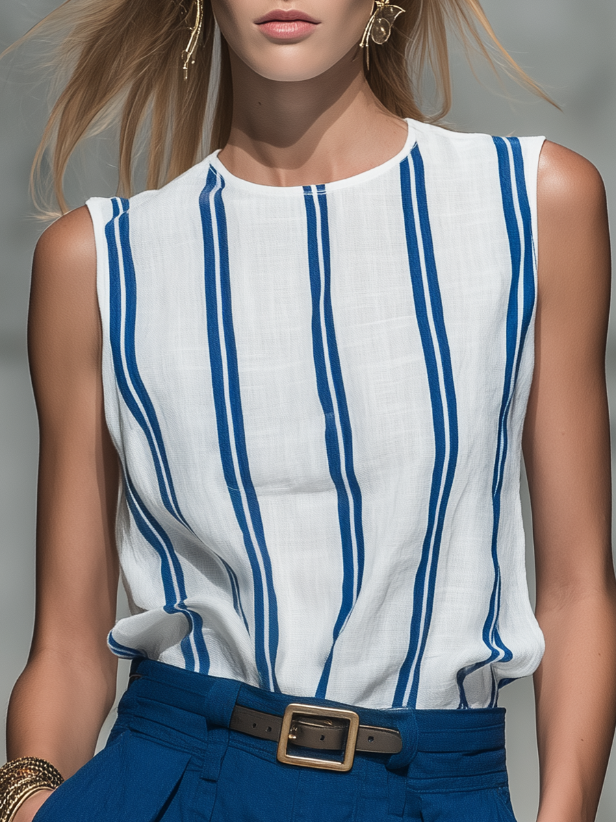 Retro Bohemian Colour-blocked Striped Crew Neck Sleeveless Top and Cotton Linen Shorts Set