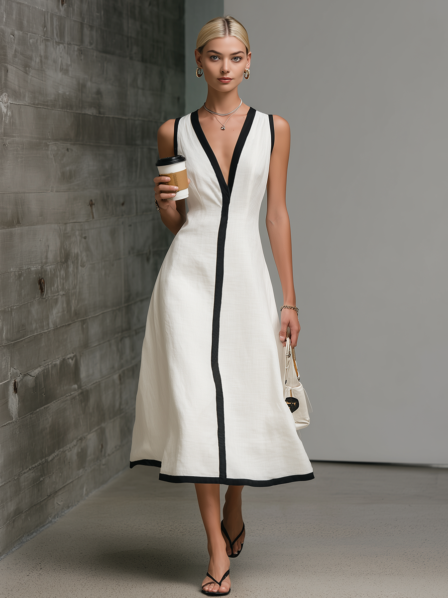 Retro Bohemian Colour-Blocked Trim V-Neck Sleeveless Cotton Linen Midi Dress