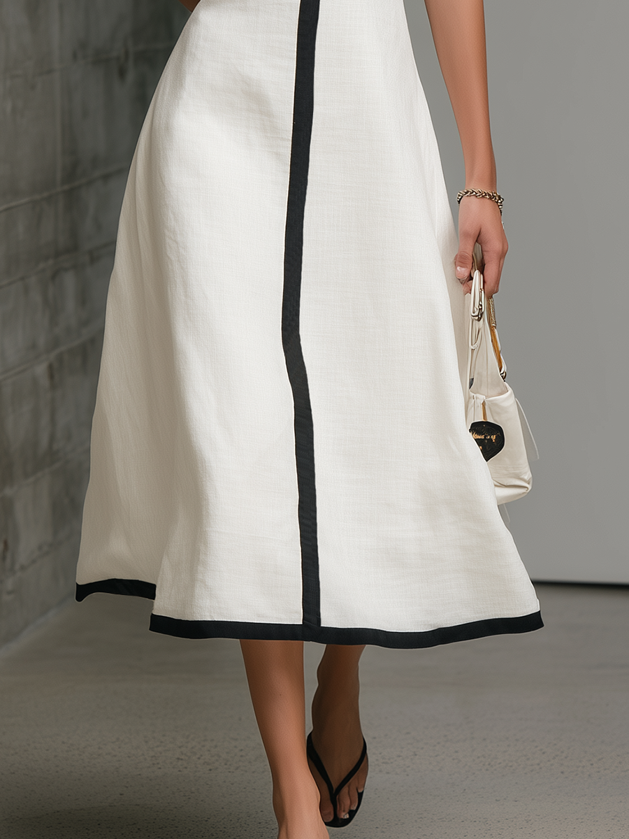 Retro Bohemian Colour-Blocked Trim V-Neck Sleeveless Cotton Linen Midi Dress