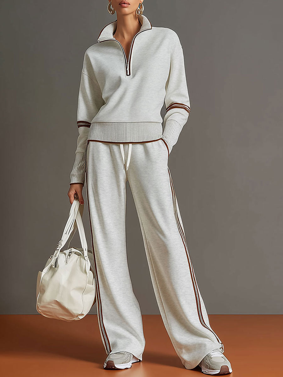 Retro Sporty Webbing Grey-White Half-Zip Sweatshirt and Wide-Leg Pants Set