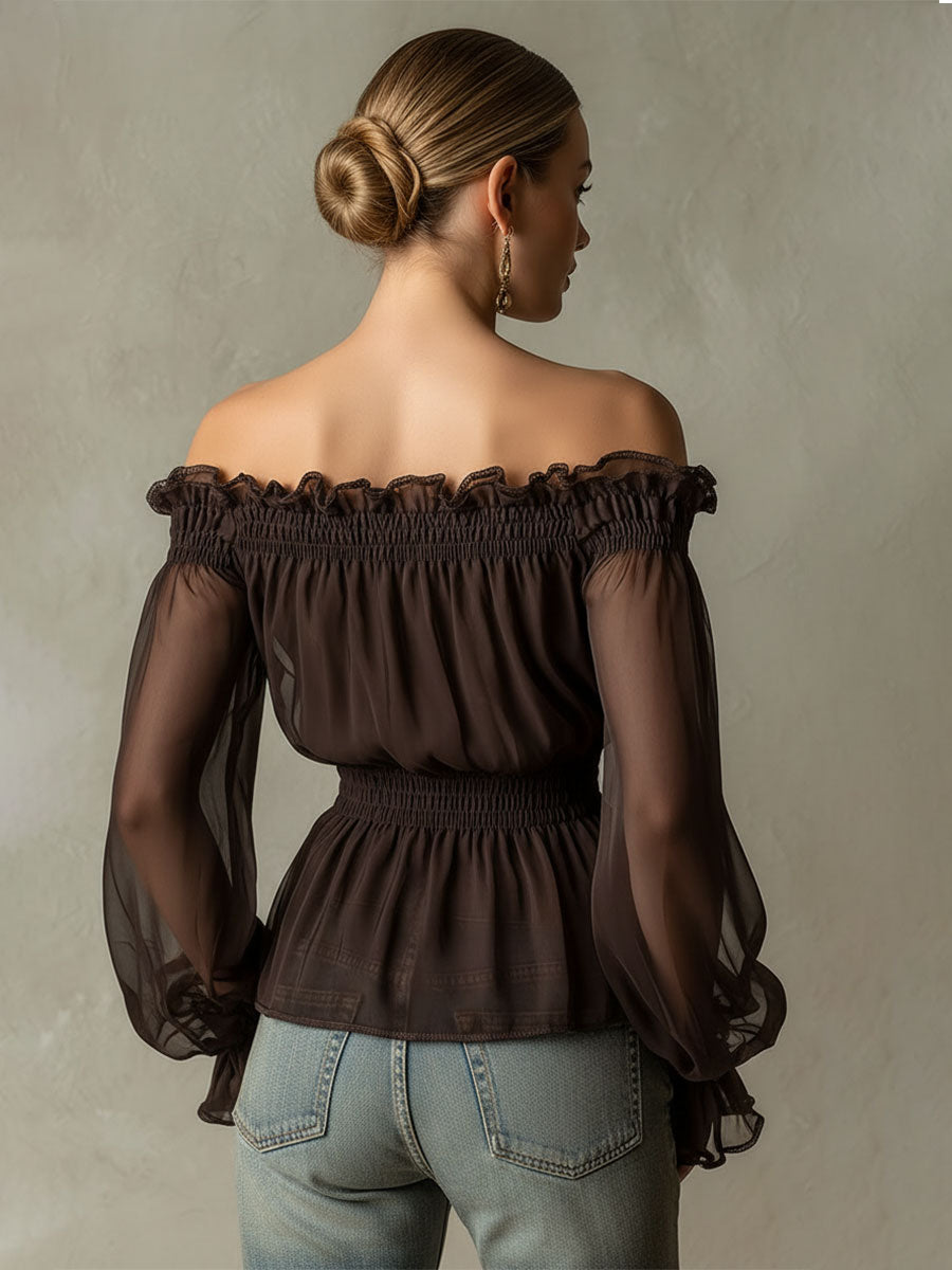 Fashionable Retro Ruffled Brown Off-Shoulder Chiffon Blouse