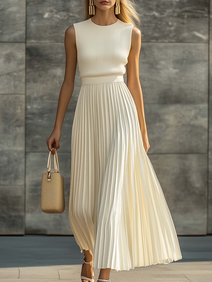 Elegant Casual and Comfortable Cream Knitted Chiffon Pleated Hem Maxi Dress