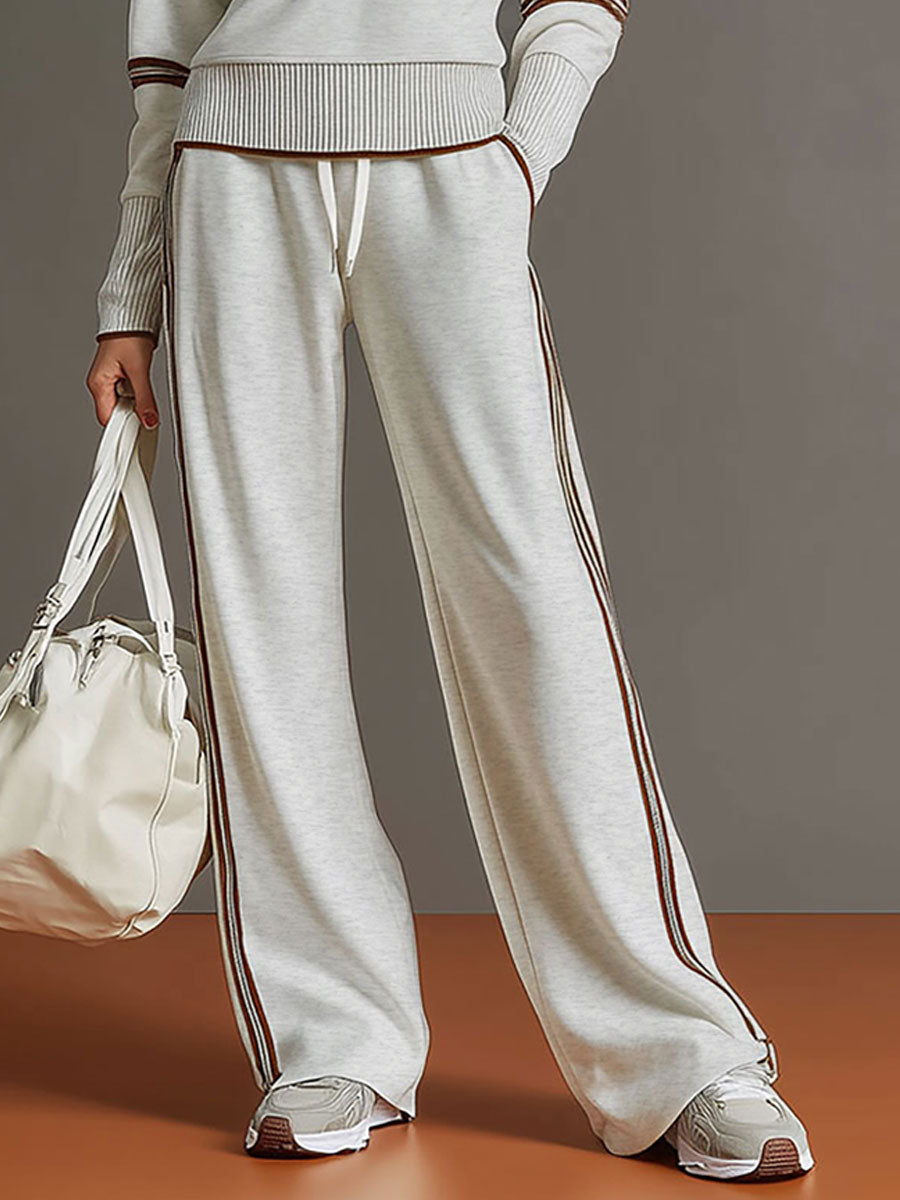 Retro Sporty Webbing Grey-White Half-Zip Sweatshirt and Wide-Leg Pants Set