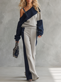 Casual Sportswear Patchwork One-shoulder Sweatshirt and Sweatpants Set