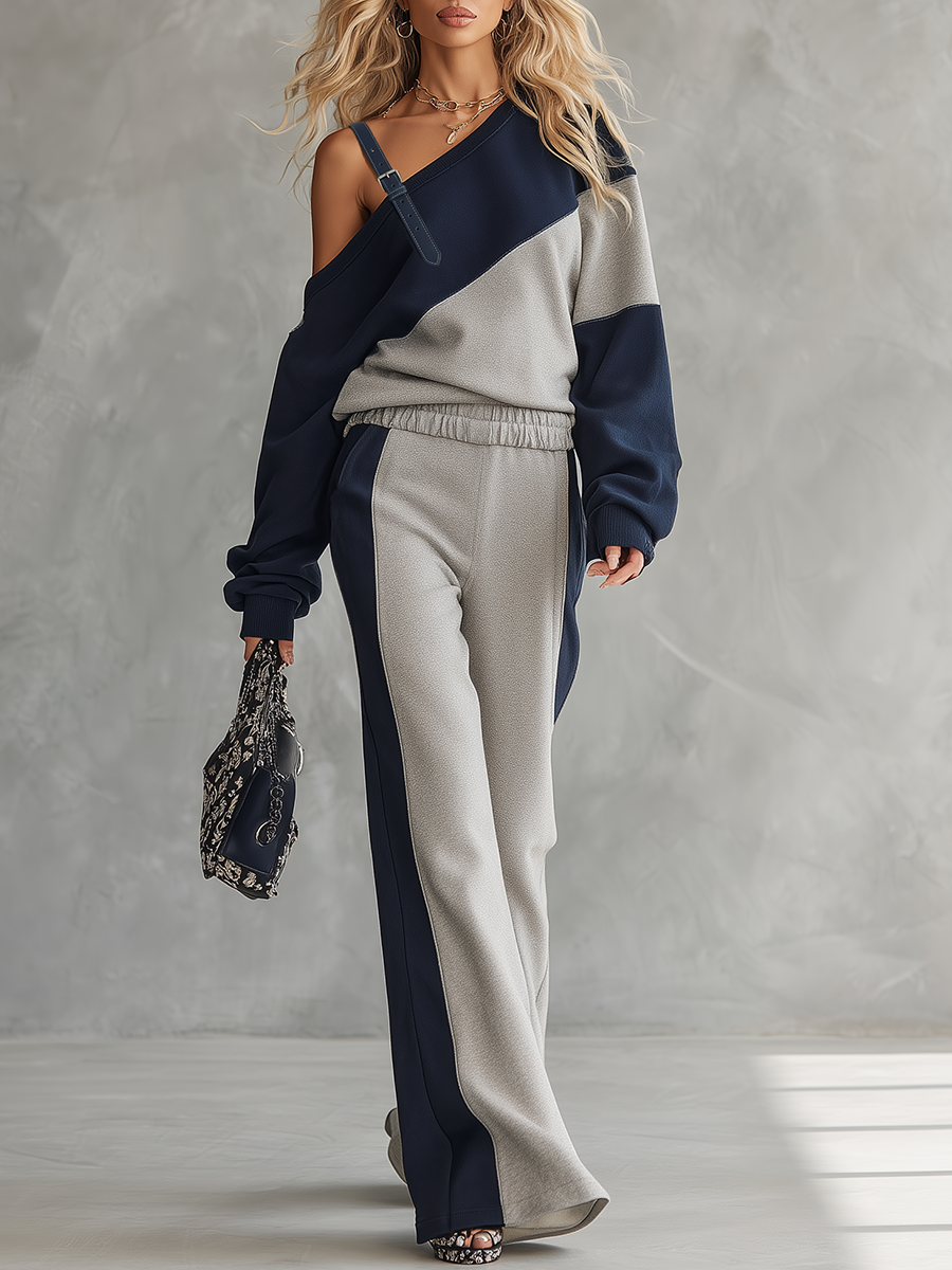 Casual Sportswear Patchwork One-shoulder Sweatshirt and Sweatpants Set