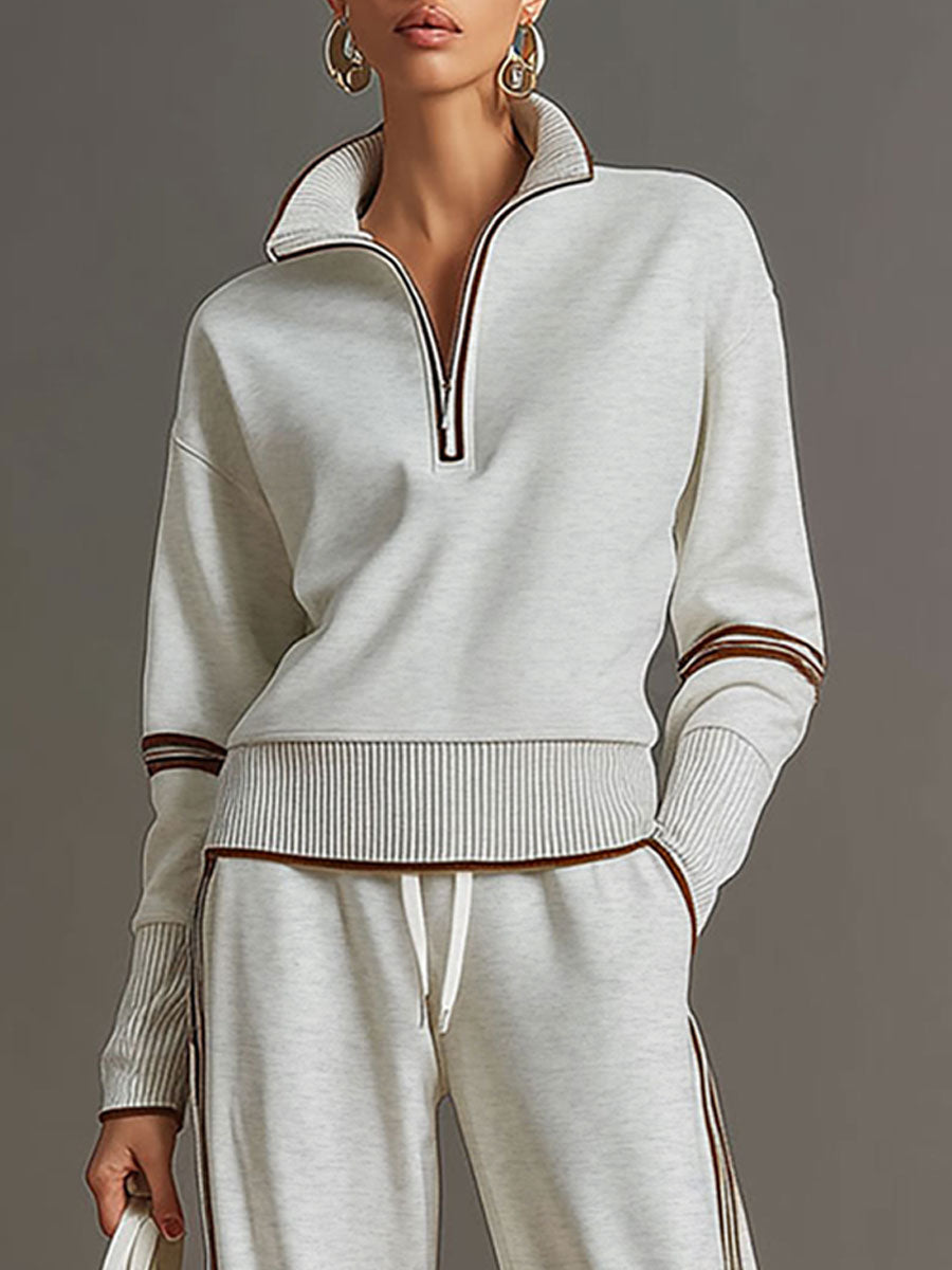 Retro Sporty Webbing Grey-White Half-Zip Sweatshirt and Wide-Leg Pants Set