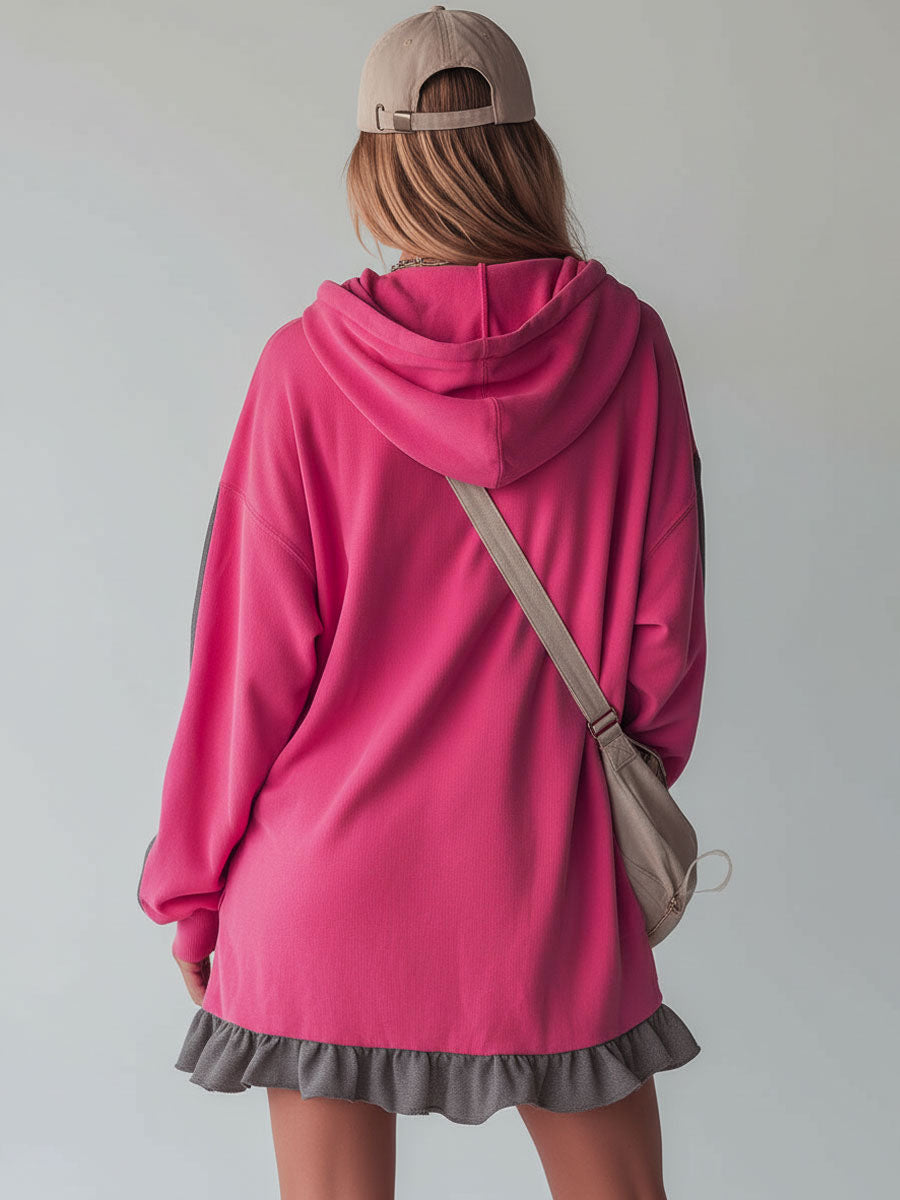 Sporty Colour-blocked Ruffled Half-zip Hooded Long-sleeved Mini Dress