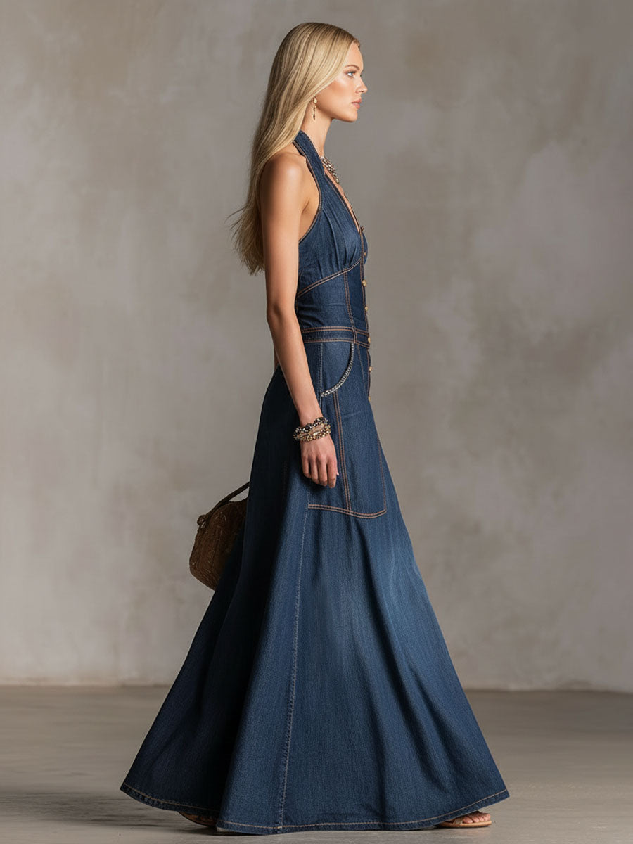 Halter Neck V-Neck Button-Down Double Pocket Sleeveless Denim Maxi Dress