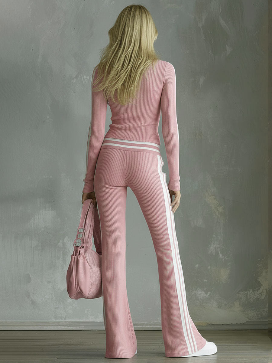 Colour-blocked V-neck Long-sleeved Top and Trousers Ribbed Set