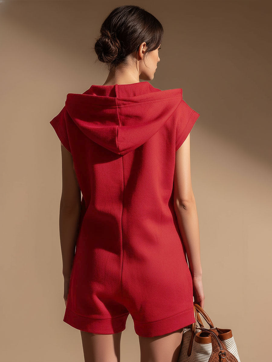 Hooded Zippered Colour-blocked Double-pocket Sleeveless Short Jumpsuit