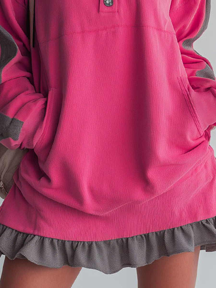 Sporty Colour-blocked Ruffled Half-zip Hooded Long-sleeved Mini Dress