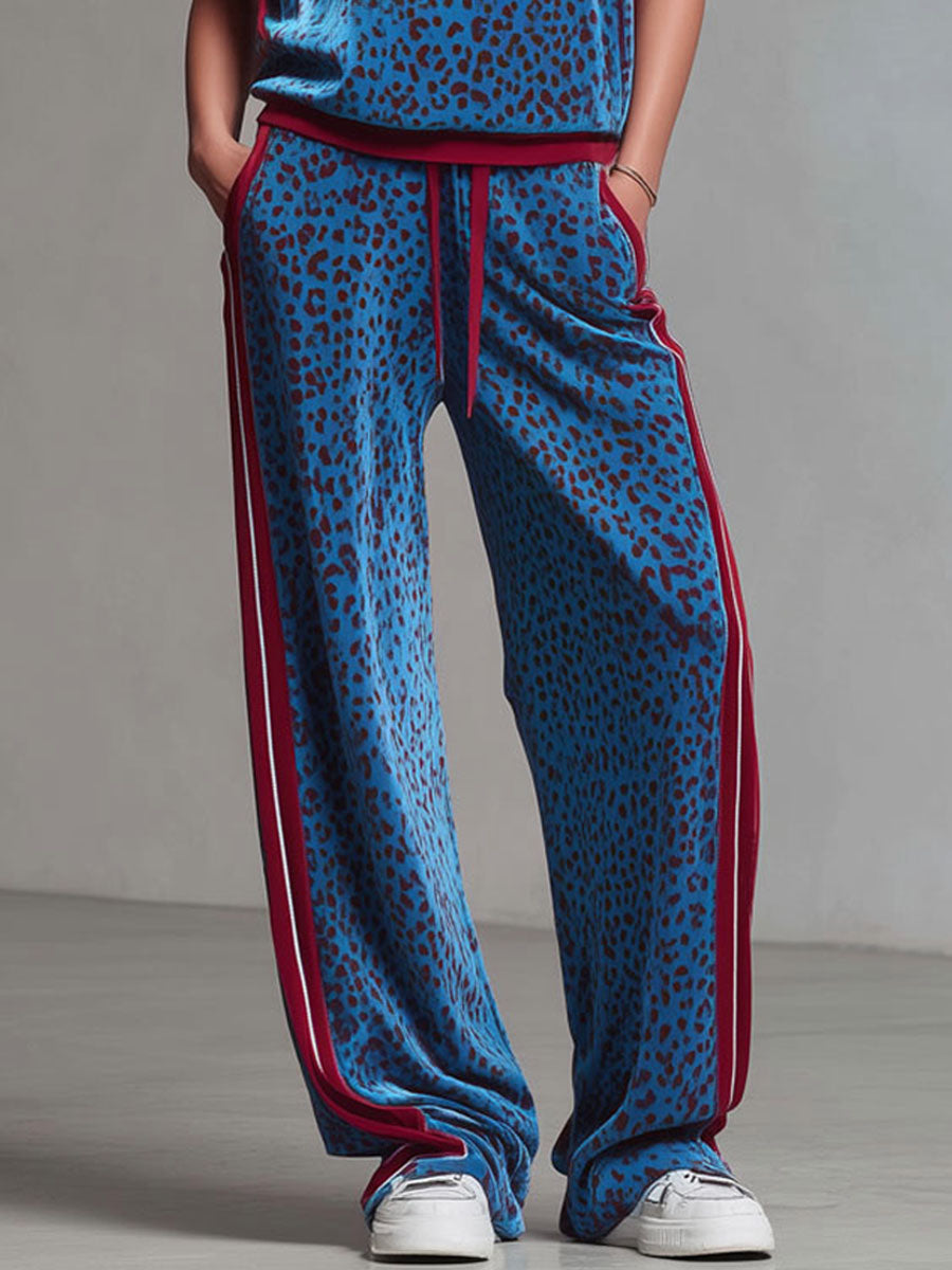 Leopard Print Hooded Sleeveless Top and Velvet Trousers Set