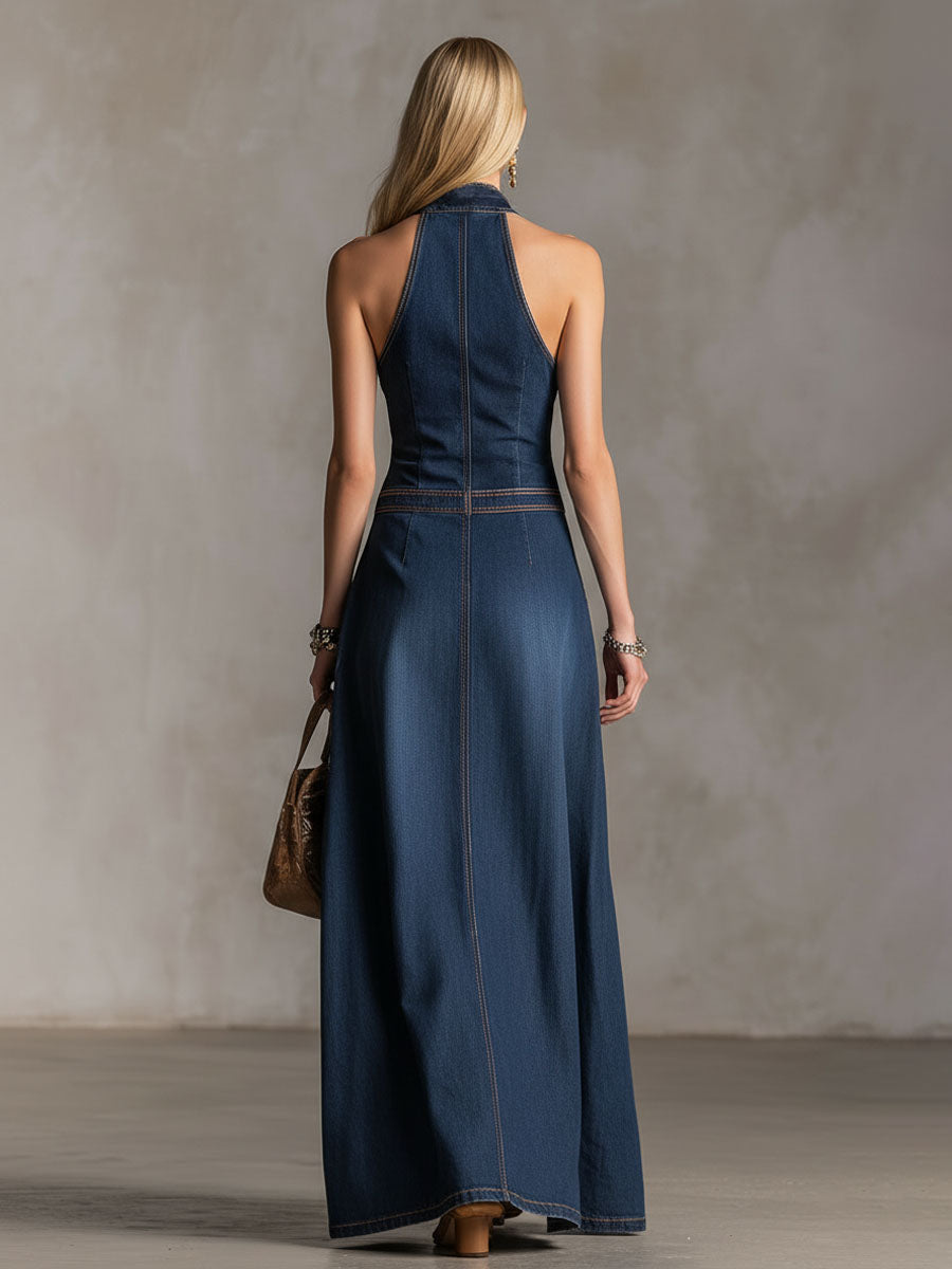 Halter Neck V-Neck Button-Down Double Pocket Sleeveless Denim Maxi Dress