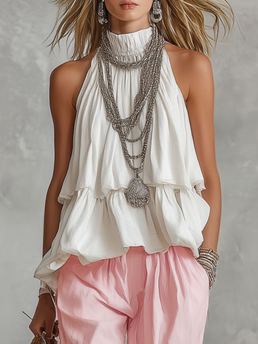 Cotton Turtleneck Sleeveless Top and Trousers Set