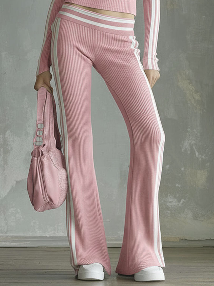 Colour-blocked V-neck Long-sleeved Top and Trousers Ribbed Set