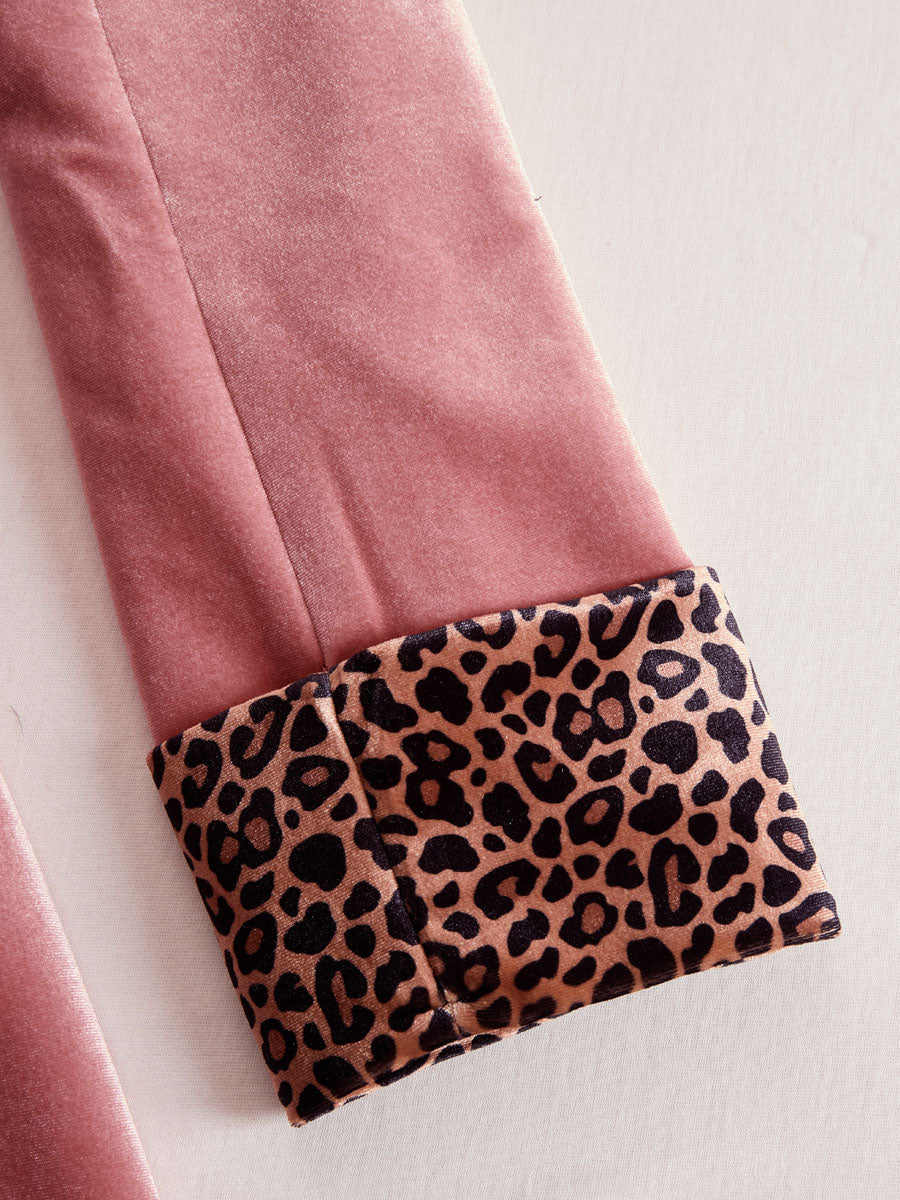 Lapel Single-breasted Velvet and Leopard Print Coat
