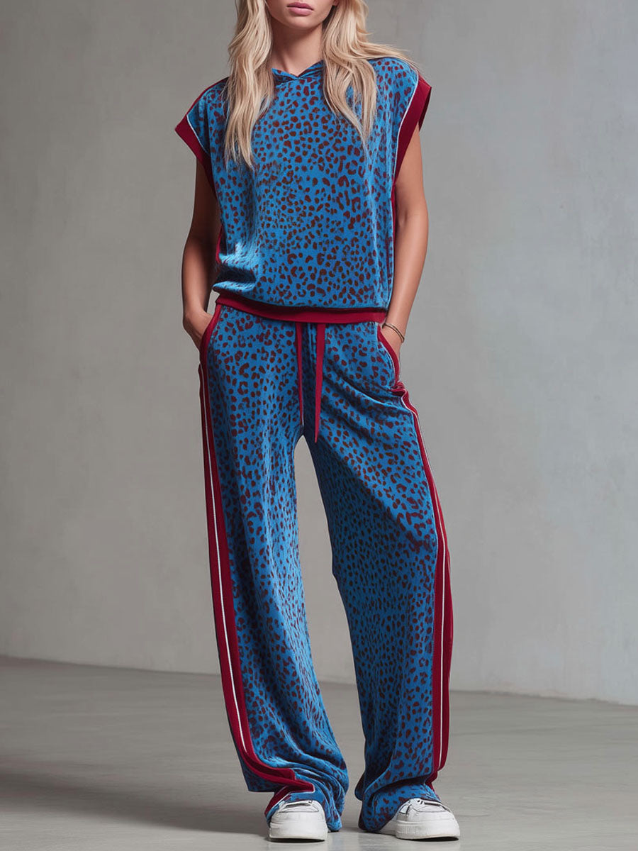 Leopard Print Hooded Sleeveless Top and Velvet Trousers Set