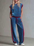 Leopard Print Hooded Sleeveless Top and Velvet Trousers Set