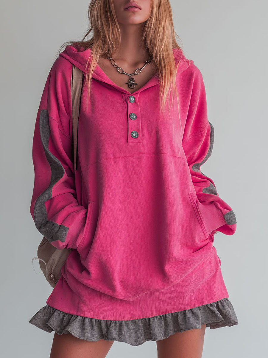 Sporty Colour-blocked Ruffled Half-zip Hooded Long-sleeved Mini Dress