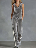 V-neck Hooded Sleeveless Top and Pants Velvet Set