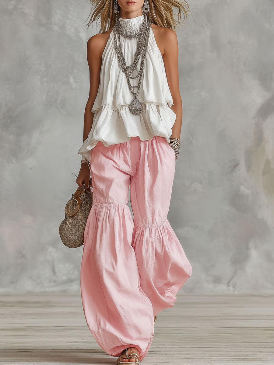 Cotton Turtleneck Sleeveless Top and Trousers Set