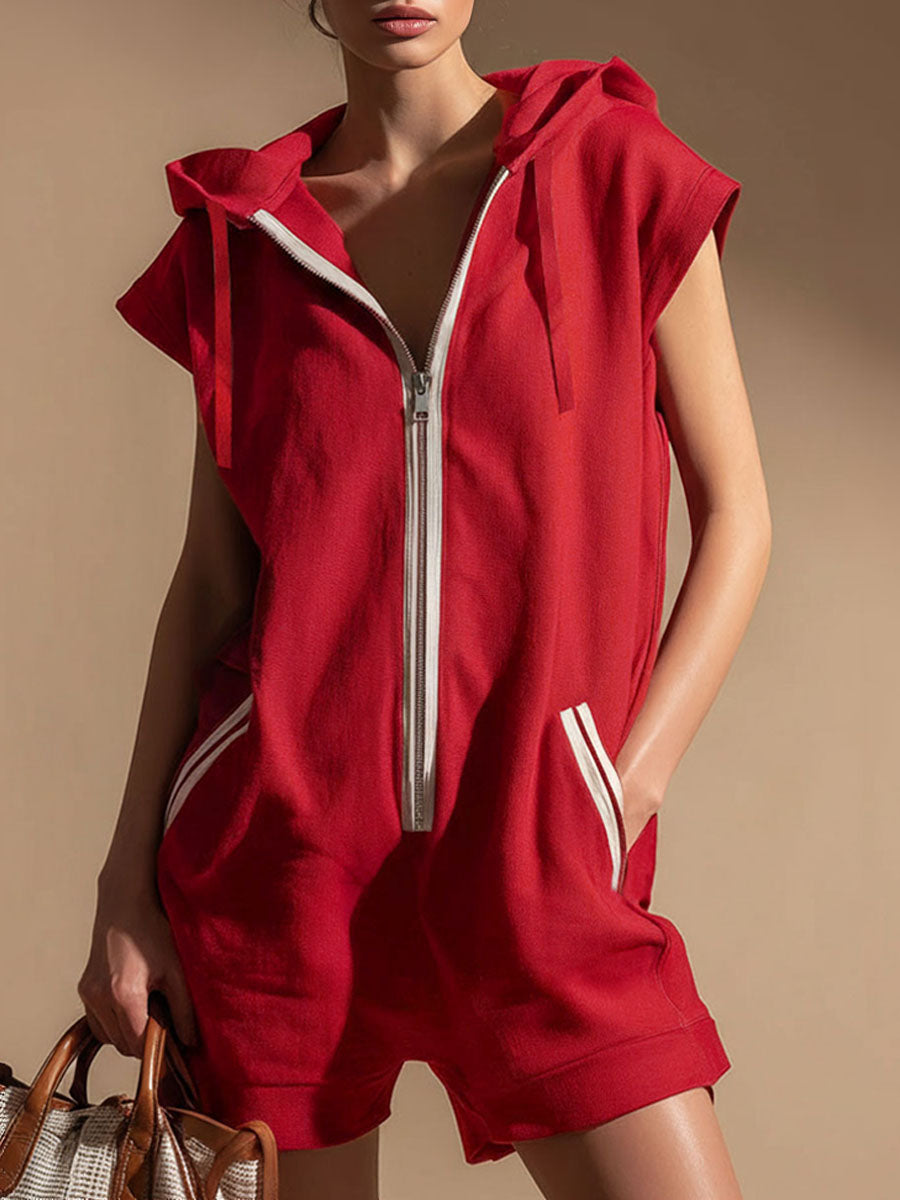 Hooded Zippered Colour-blocked Double-pocket Sleeveless Short Jumpsuit