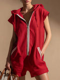 Hooded Zippered Colour-blocked Double-pocket Sleeveless Short Jumpsuit