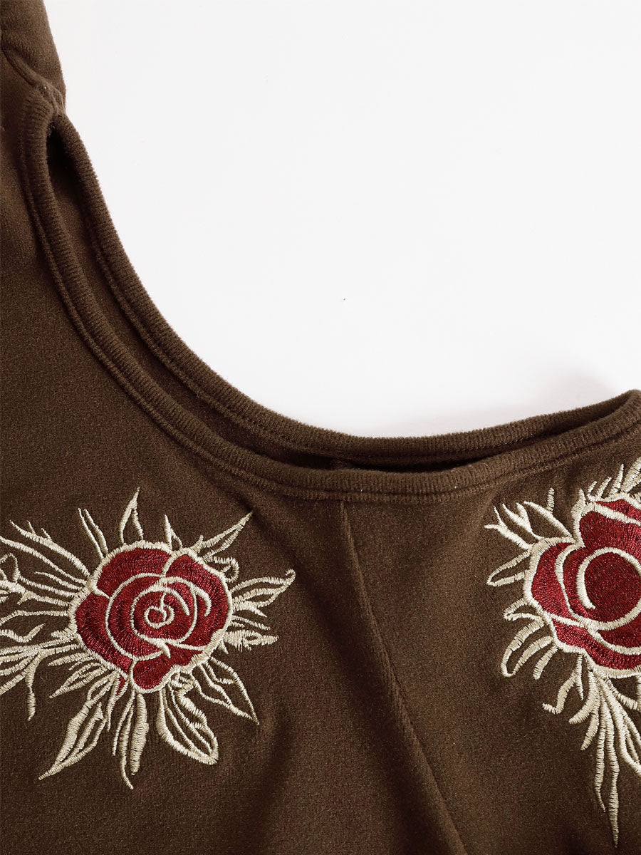 High-neck Off-Shoulder Rose-Embroidered All-Cotton Long-Sleeved T-Shirt