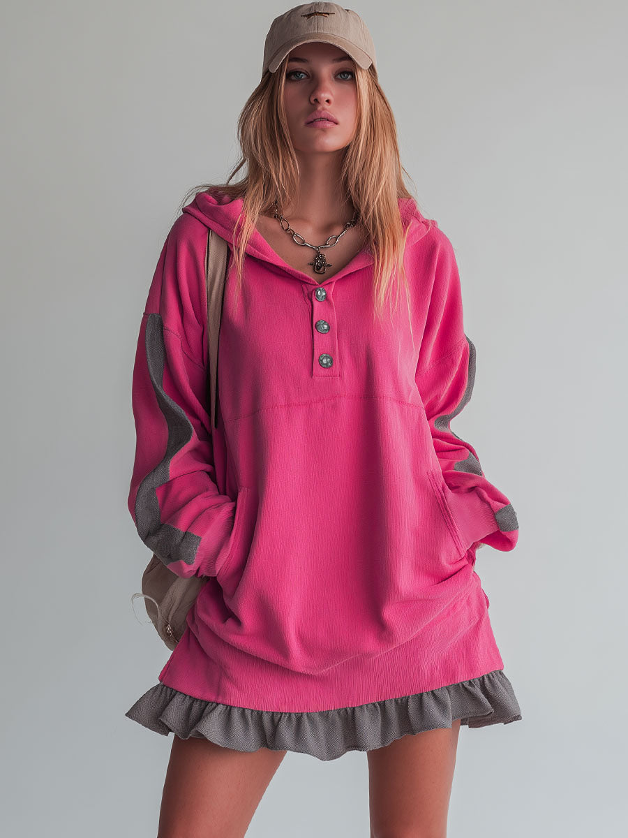 Sporty Colour-blocked Ruffled Half-zip Hooded Long-sleeved Mini Dress