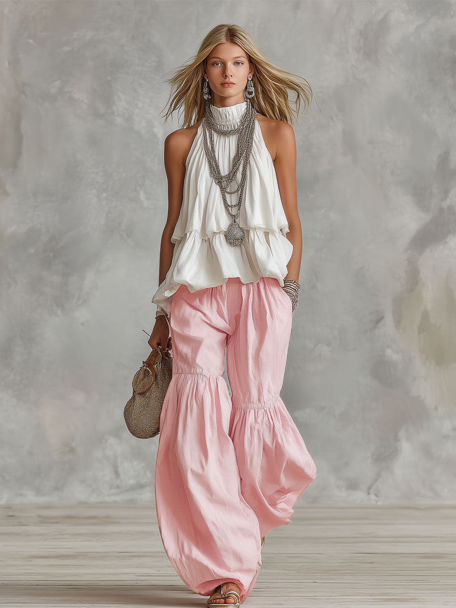 Cotton Turtleneck Sleeveless Top and Trousers Set