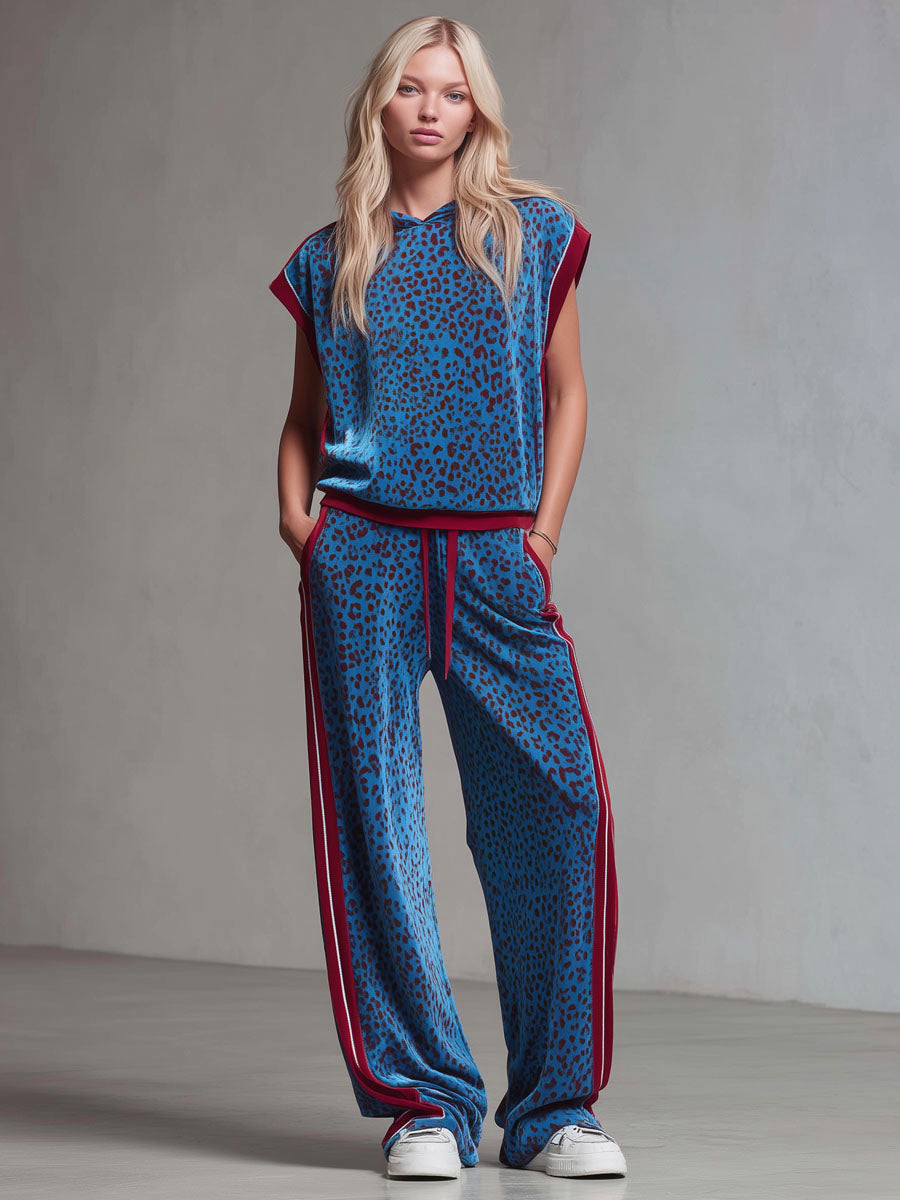 Leopard Print Hooded Sleeveless Top and Velvet Trousers Set