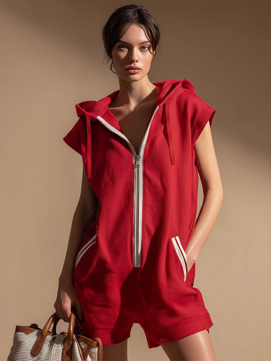 Hooded Zippered Colour-blocked Double-pocket Sleeveless Short Jumpsuit