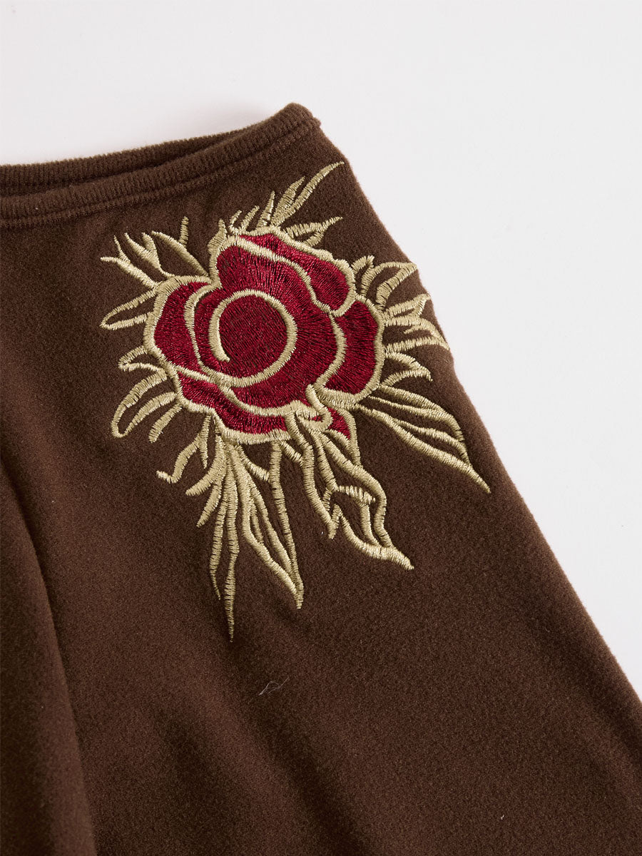 High-neck Off-shoulder Rose-embroidered All-cotton Long-sleeved T-shirt