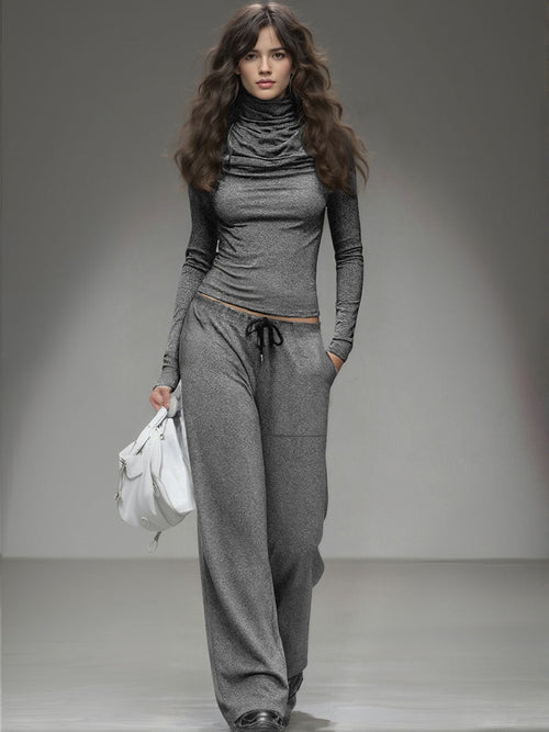 Casual Long-sleeved T-shirt and Wide-leg Trousers Set