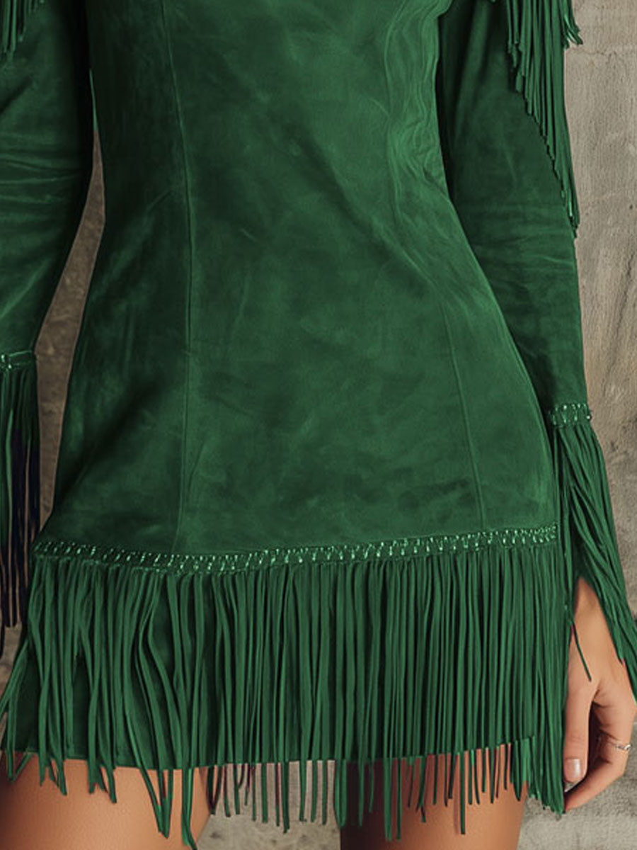 Semi-High Neck Off-the-Shoulder Fringed Faux Suede Long-Sleeved Mini Dress