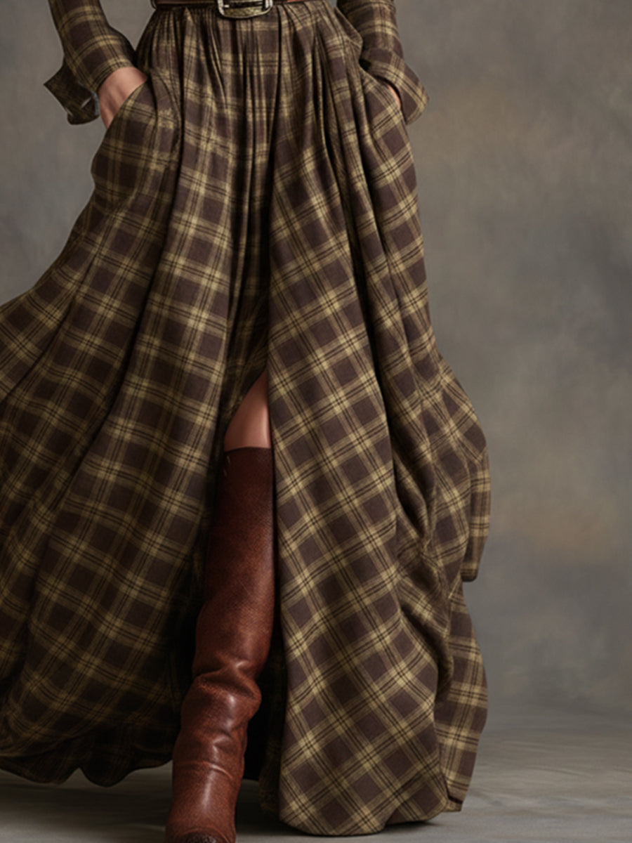 Retro Ethnic Style Lapel Reddish Brown Plaid Maxi Dress