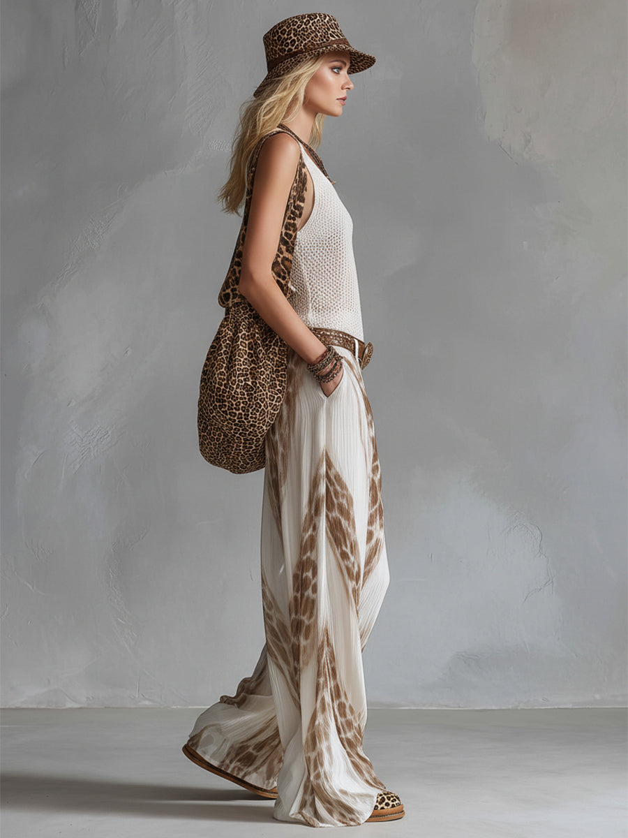 Elegant Holiday Style White Mesh Knit Tank Top Chiffon Printed Wide-leg Trousers Set