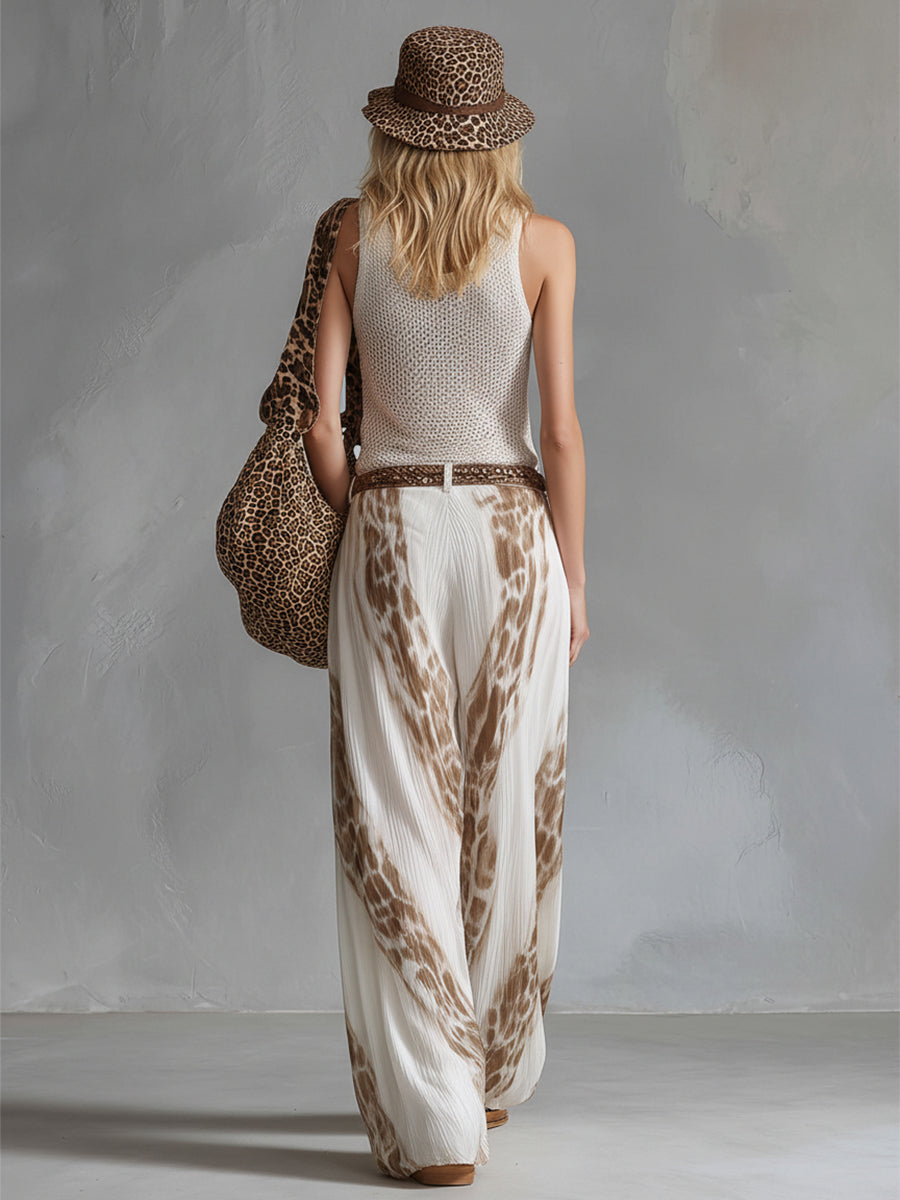 Elegant Holiday Style White Mesh Knit Tank Top Chiffon Printed Wide-leg Trousers Set