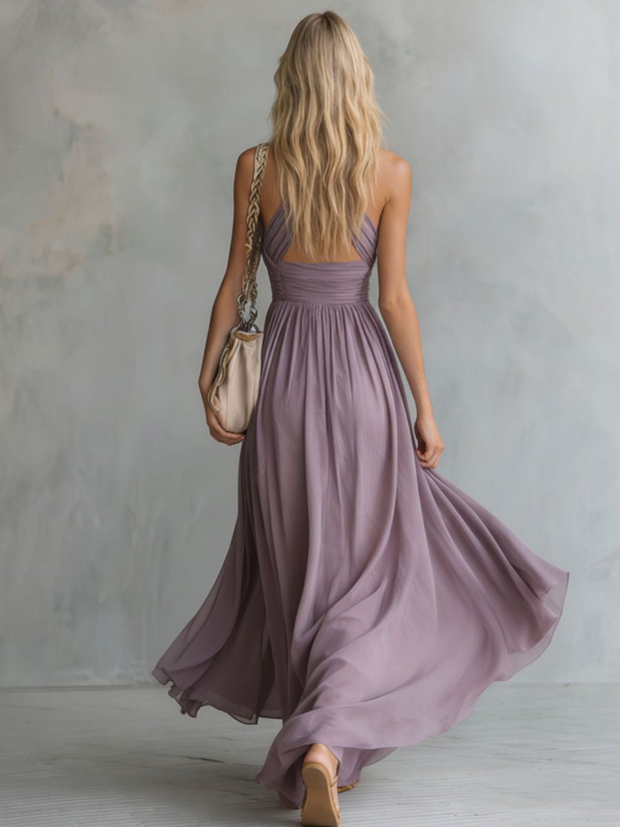 Elegant and Stylish Halter Neck V-neck Sleeveless Chiffon Maxi Dress