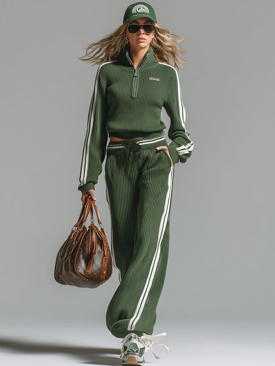 Retro Casual Green Sports Half-zip Knitted Sweater and Trousers Set