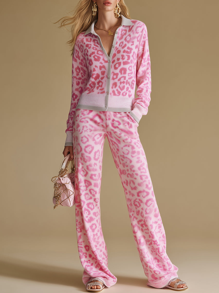 Elegant and Retro Colour-blocked Leopard Print Knitted Top and Trousers Set.