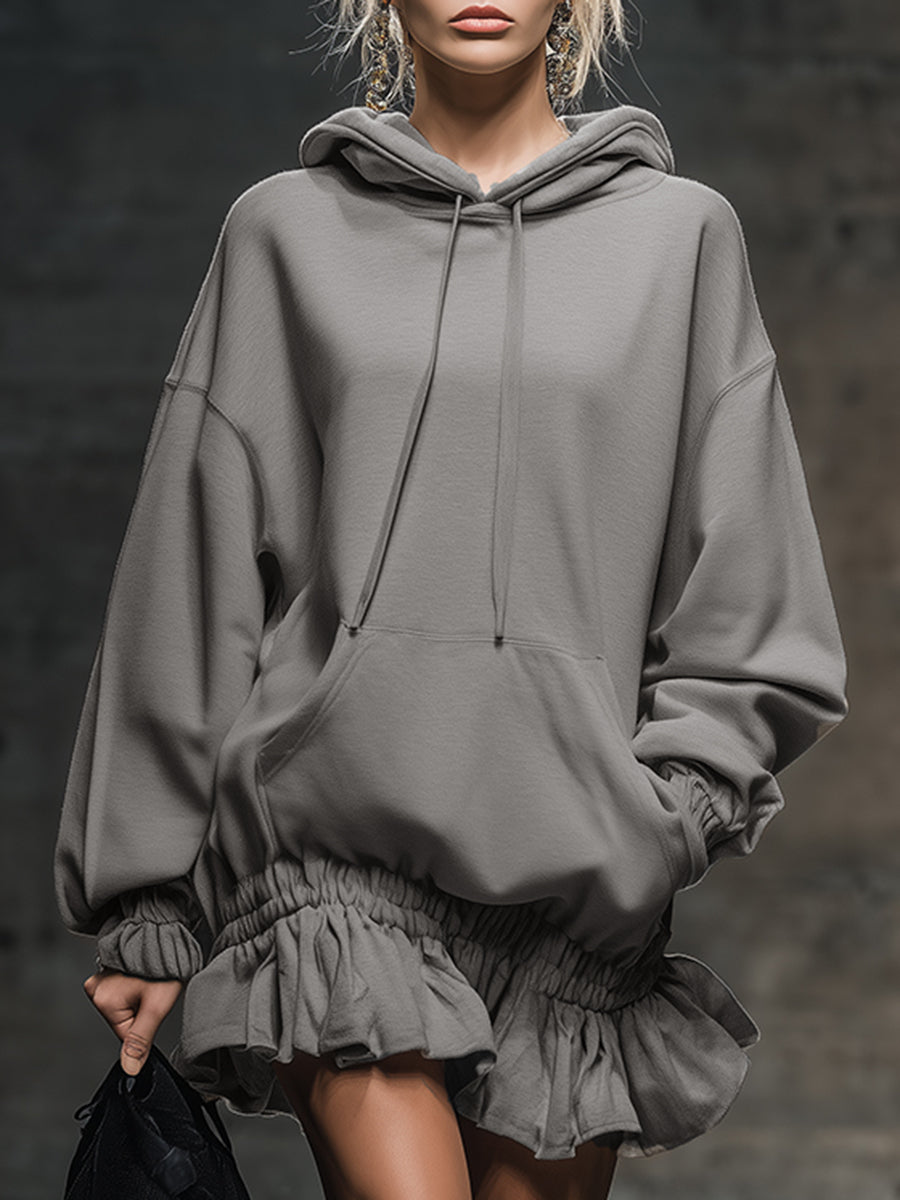 Casual and Fashionable Hooded Elastic Hem Grey Sweatshirt Mini Dress