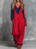 Retro Bohemian Style Colour-blocked Cotton And Linen Top And Dungarees Set